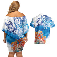 Hibiscus Turtle Tattoo Coral Reef Couples Matching Off Shoulder Short Dress and Hawaiian Shirt with Polynesian Tribal