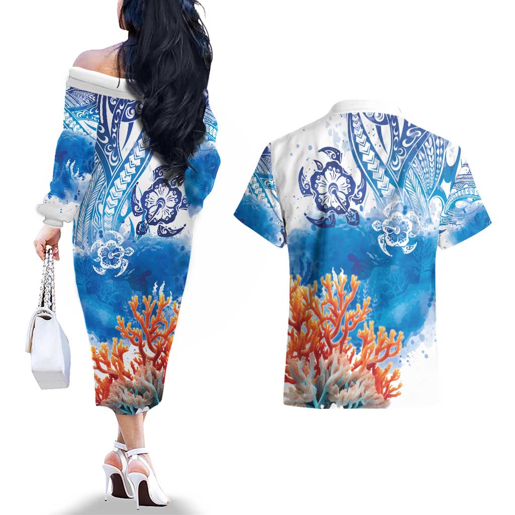 Hibiscus Turtle Tattoo Coral Reef Couples Matching Off The Shoulder Long Sleeve Dress and Hawaiian Shirt with Polynesian Tribal