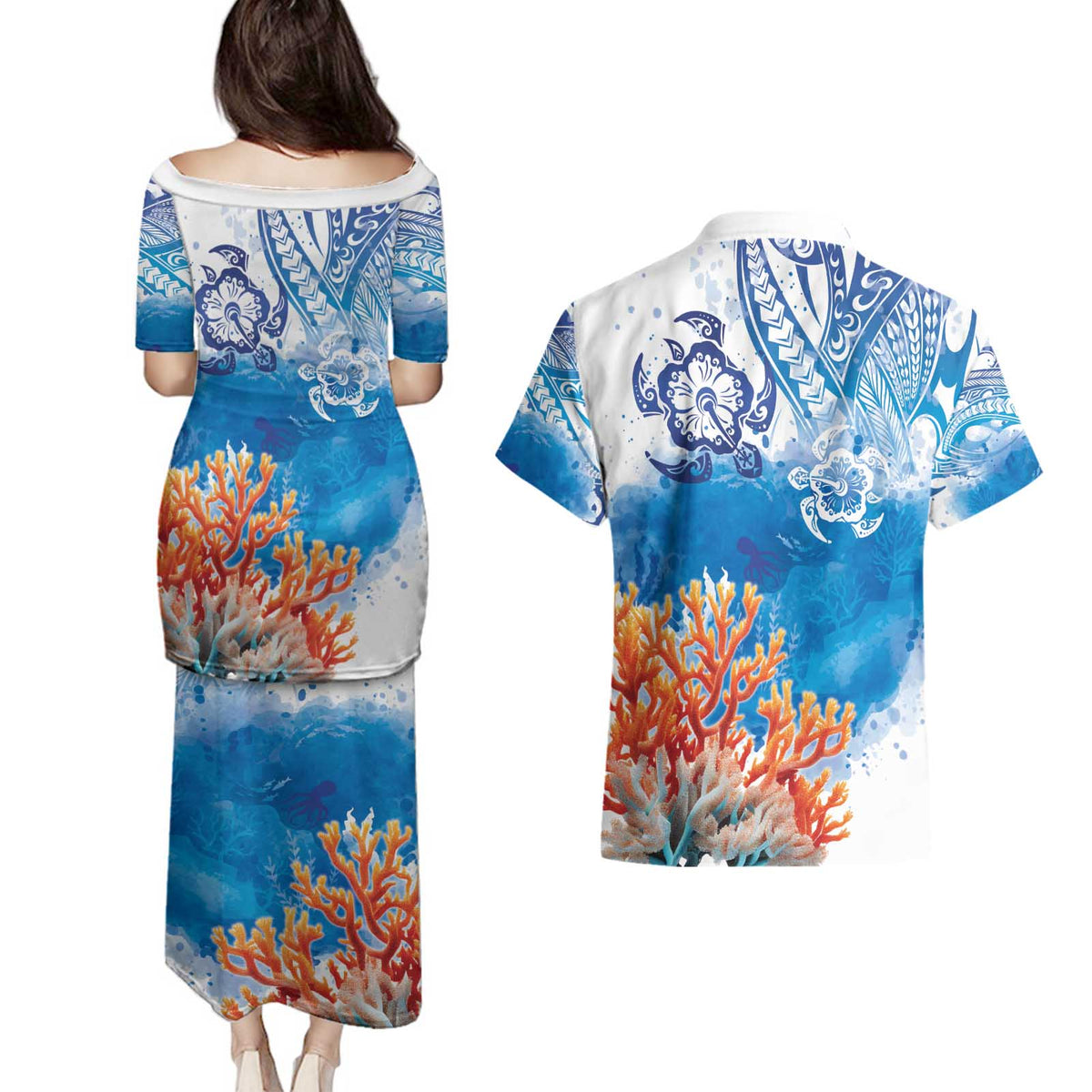 Hibiscus Turtle Tattoo Coral Reef Couples Matching Puletasi and Hawaiian Shirt with Polynesian Tribal