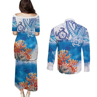 Hibiscus Turtle Tattoo Coral Reef Couples Matching Puletasi and Long Sleeve Button Shirt with Polynesian Tribal LT9 - Polynesian Pride