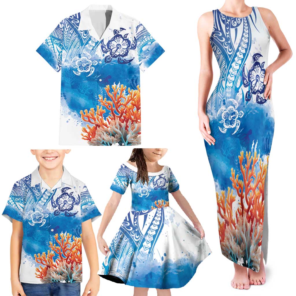 Hibiscus Turtle Tattoo Coral Reef Family Matching Tank Maxi Dress and Hawaiian Shirt with Polynesian Tribal