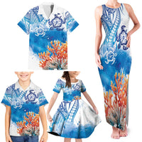 Hibiscus Turtle Tattoo Coral Reef Family Matching Tank Maxi Dress and Hawaiian Shirt with Polynesian Tribal