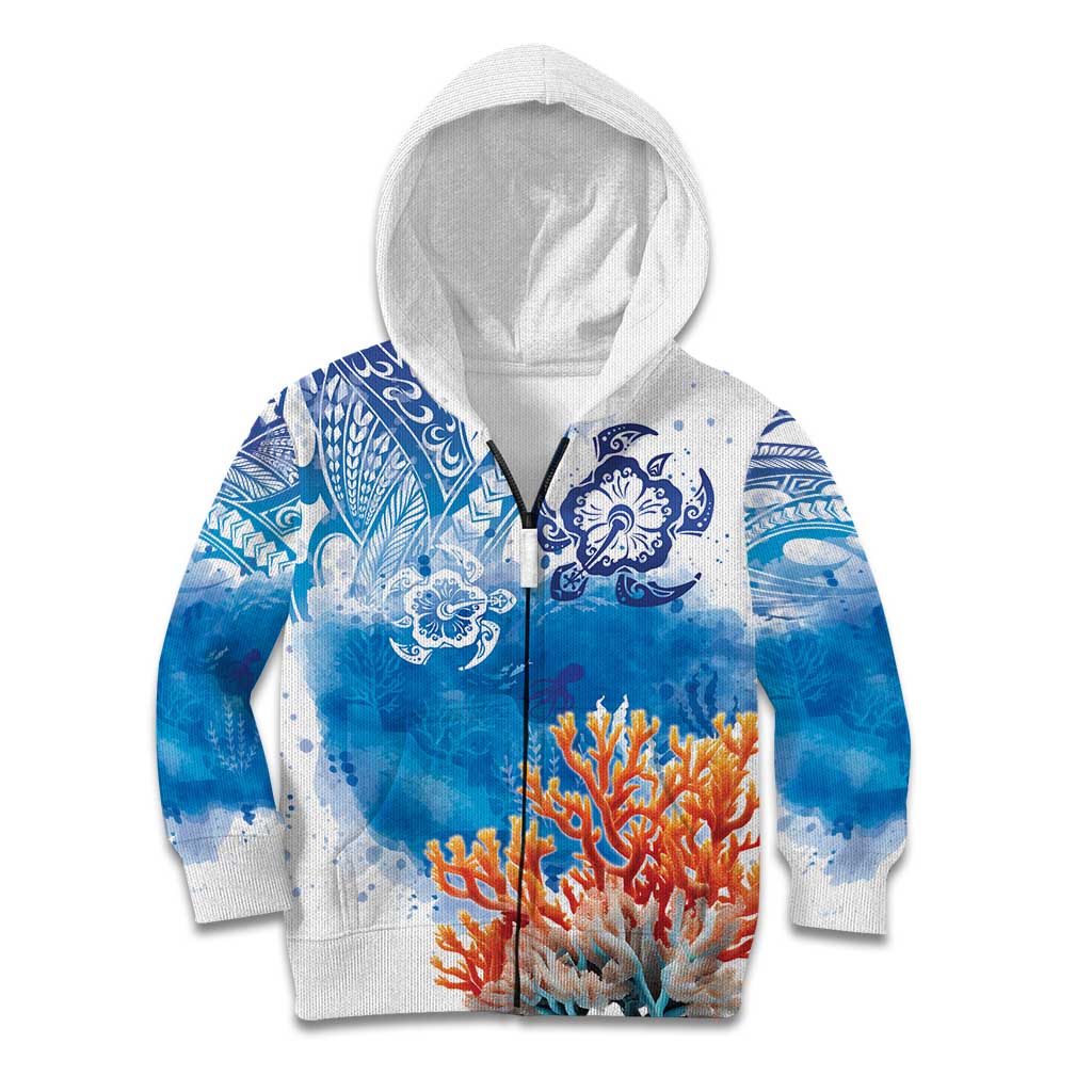 Hibiscus Turtle Tattoo Coral Reef Kid Hoodie with Polynesian Tribal LT9 Zip Hoodie White - Polynesian Pride
