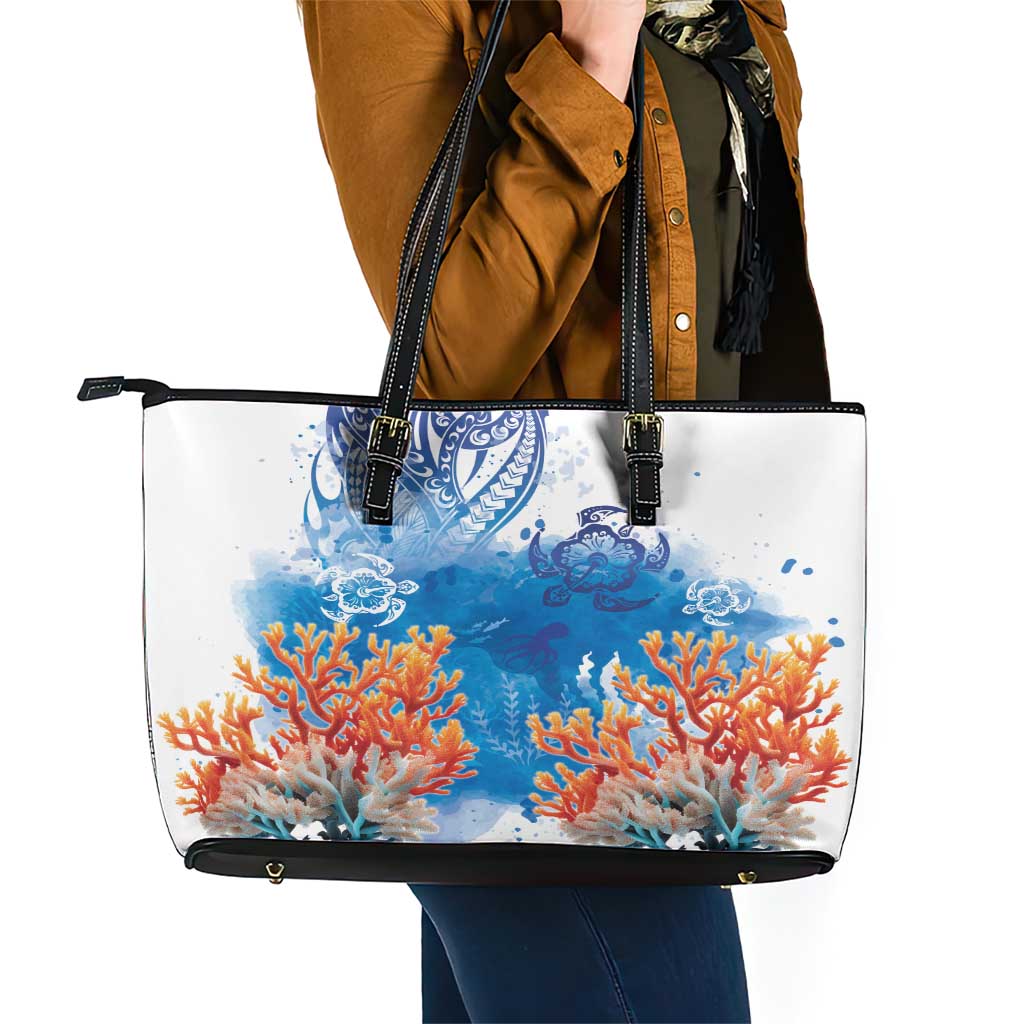 Hibiscus Turtle Tattoo Coral Reef Leather Tote Bag with Polynesian Tribal
