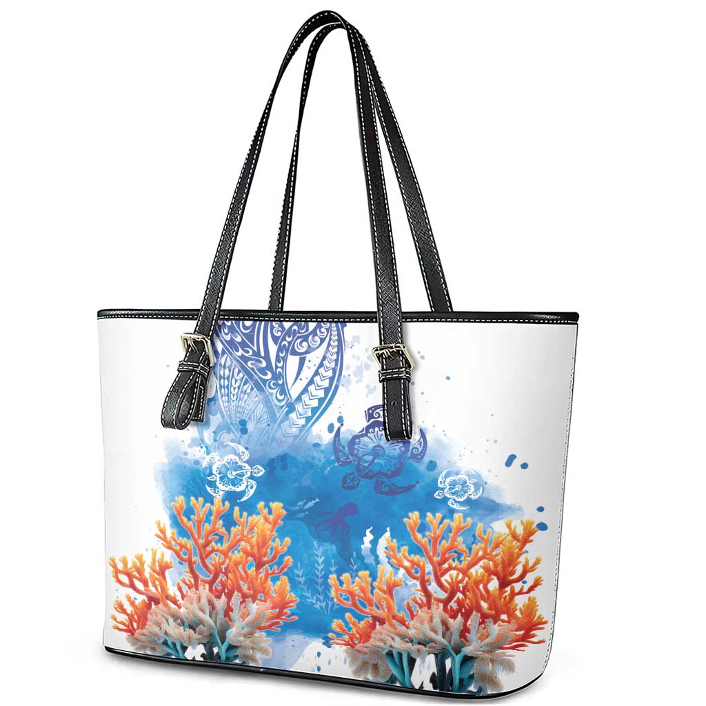 Hibiscus Turtle Tattoo Coral Reef Leather Tote Bag with Polynesian Tribal