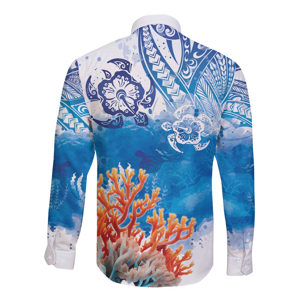 Hibiscus Turtle Tattoo Coral Reef Long Sleeve Button Shirt with Polynesian Tribal