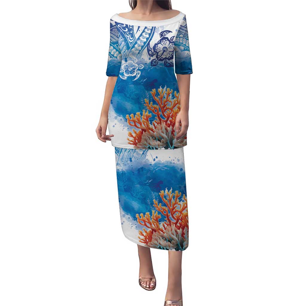 Hibiscus Turtle Tattoo Coral Reef Puletasi with Polynesian Tribal