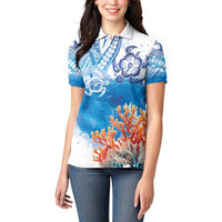 Hibiscus Turtle Tattoo Coral Reef Women Polo Shirt with Polynesian Tribal LT9 - Polynesian Pride