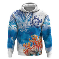 Hibiscus Turtle Tattoo Coral Reef Zip Hoodie with Polynesian Tribal