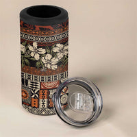 Pacific Hibiscus Tapa Tribal Vintage 4 in 1 Can Cooler Tumbler Brown Motif