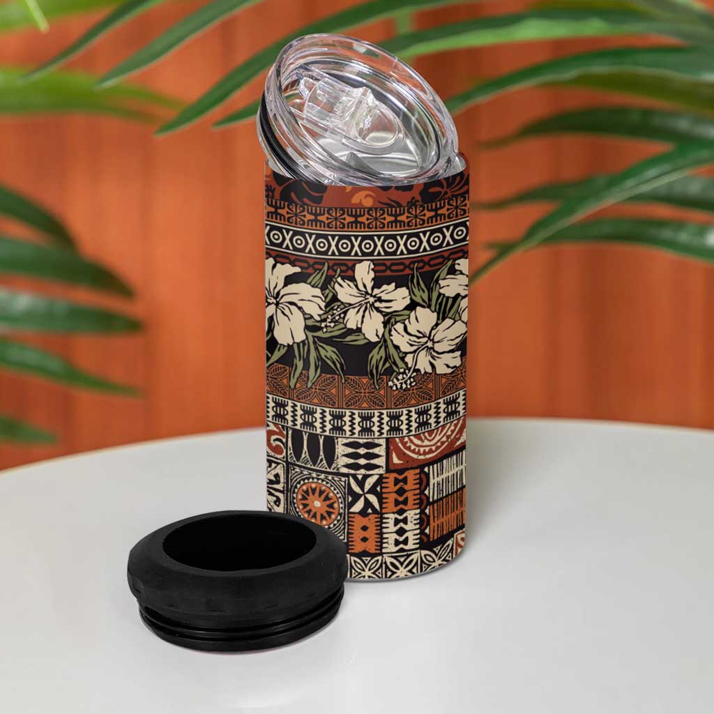 Pacific Hibiscus Tapa Tribal Vintage 4 in 1 Can Cooler Tumbler Brown Motif