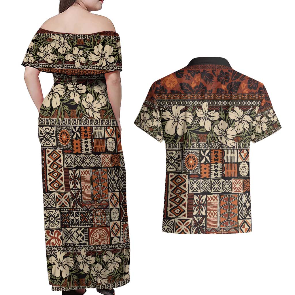 Pacific Hibiscus Tapa Tribal Vintage Couples Matching Off Shoulder Maxi Dress and Hawaiian Shirt Brown Motif