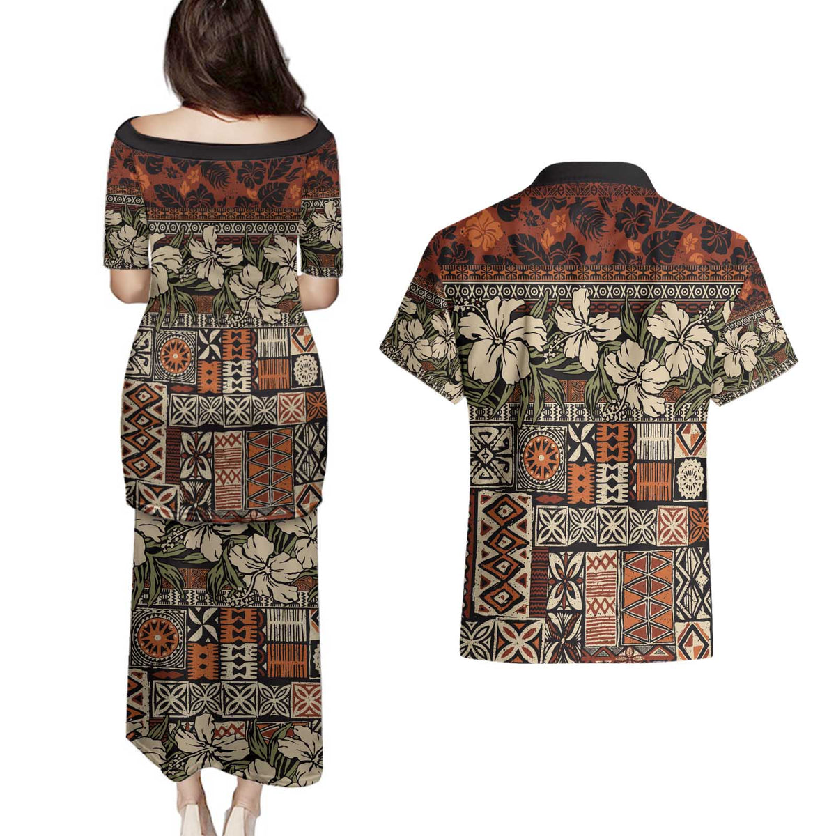Pacific Hibiscus Tapa Tribal Vintage Couples Matching Puletasi and Hawaiian Shirt Brown Motif