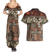Pacific Hibiscus Tapa Tribal Vintage Couples Matching Summer Maxi Dress and Hawaiian Shirt Brown Motif