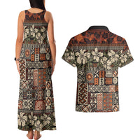 Pacific Hibiscus Tapa Tribal Vintage Couples Matching Tank Maxi Dress and Hawaiian Shirt Brown Motif