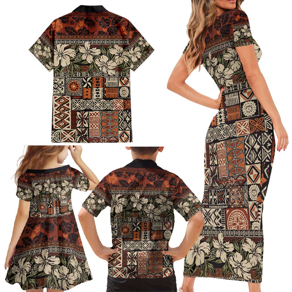 Pacific Hibiscus Tapa Tribal Vintage Family Matching Short Sleeve Bodycon Dress and Hawaiian Shirt Brown Motif