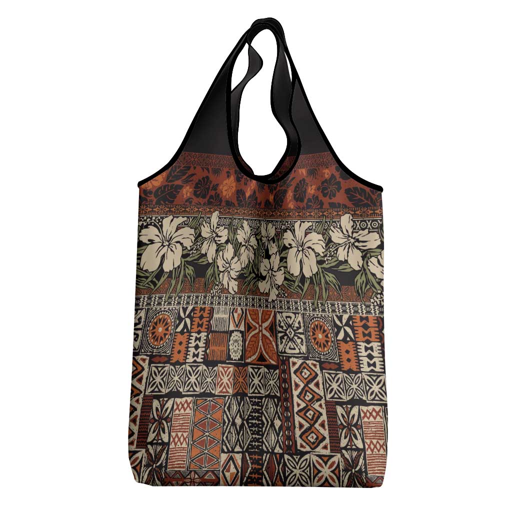 Pacific Hibiscus Tapa Tribal Vintage Grocery Bag Brown Motif