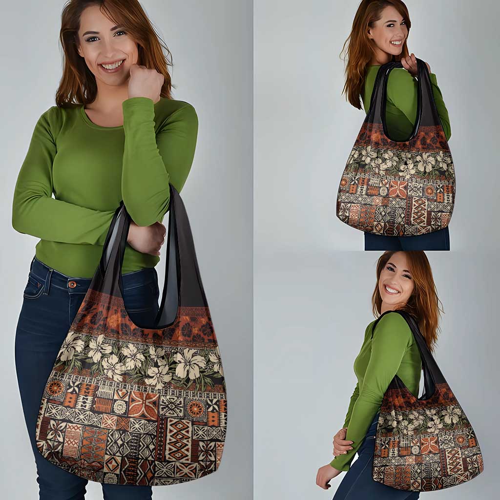Pacific Hibiscus Tapa Tribal Vintage Grocery Bag Brown Motif
