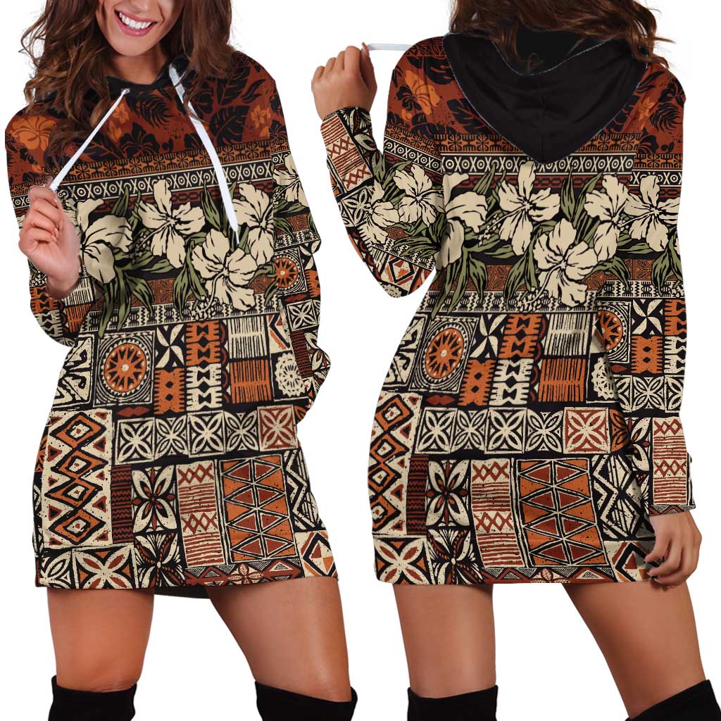 Pacific Hibiscus Tapa Tribal Vintage Hoodie Dress Brown Motif