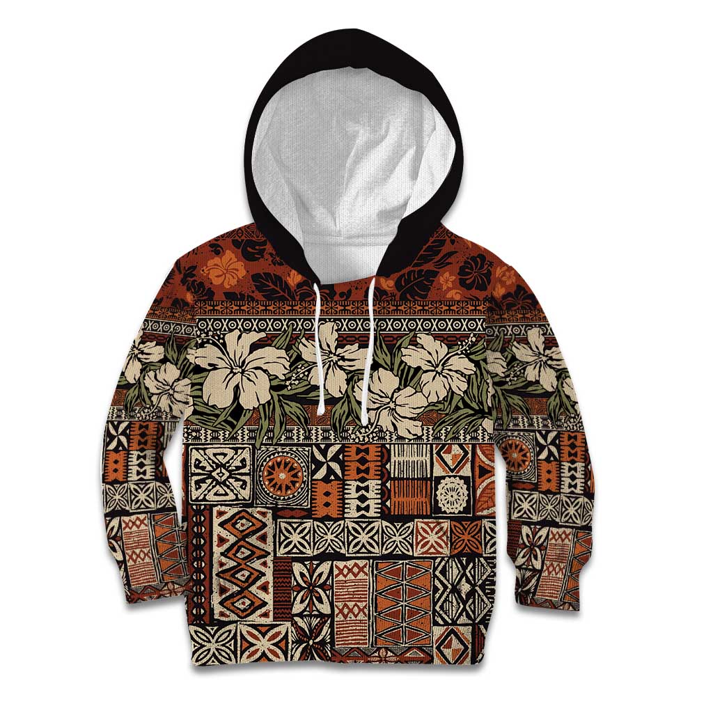 Pacific Hibiscus Tapa Tribal Vintage Kid Hoodie Brown Motif LT9 Hoodie Brown - Polynesian Pride