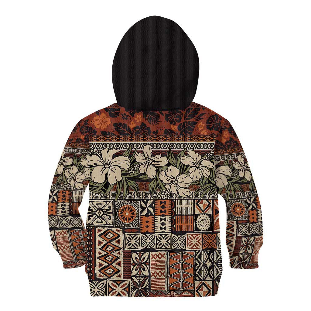 Pacific Hibiscus Tapa Tribal Vintage Kid Hoodie Brown Motif LT9 - Polynesian Pride