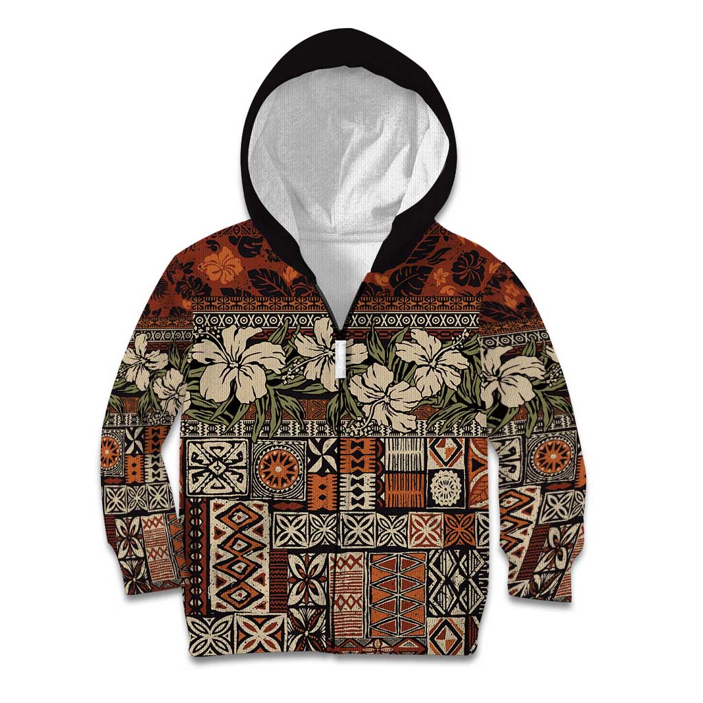 Pacific Hibiscus Tapa Tribal Vintage Kid Hoodie Brown Motif LT9 Zip Hoodie Brown - Polynesian Pride