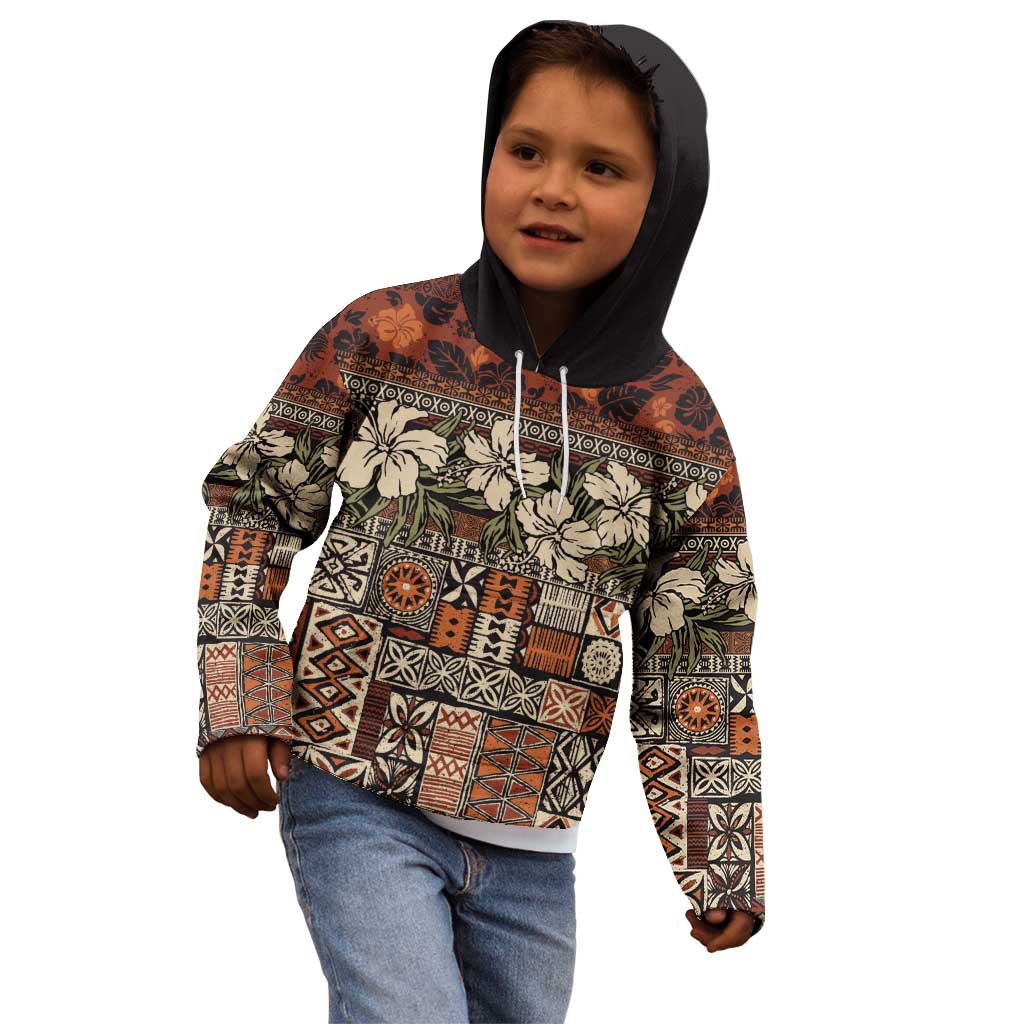 Pacific Hibiscus Tapa Tribal Vintage Kid Hoodie Brown Motif LT9 - Polynesian Pride