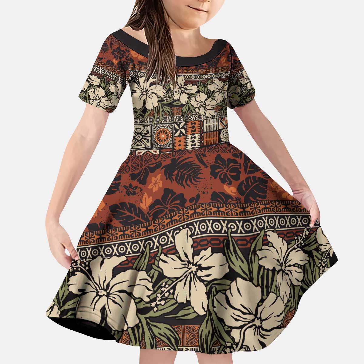 Pacific Hibiscus Tapa Tribal Vintage Kid Short Sleeve Dress Brown Motif