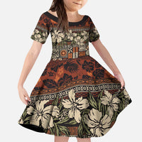 Pacific Hibiscus Tapa Tribal Vintage Kid Short Sleeve Dress Brown Motif LT9 KID Brown - Polynesian Pride