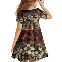 Pacific Hibiscus Tapa Tribal Vintage Kid Short Sleeve Dress Brown Motif LT9 - Polynesian Pride