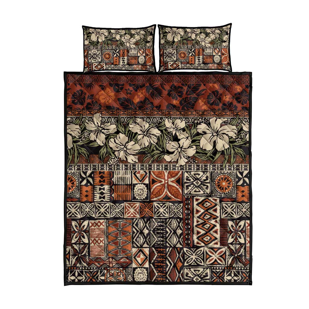 Pacific Hibiscus Tapa Tribal Vintage Quilt Bed Set Brown Motif