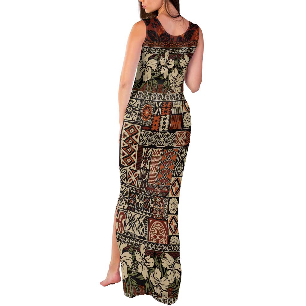 Pacific Hibiscus Tapa Tribal Vintage Tank Maxi Dress Brown Motif