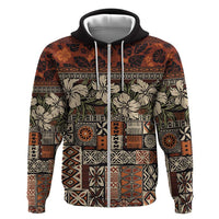 Pacific Hibiscus Tapa Tribal Vintage Zip Hoodie Brown Motif