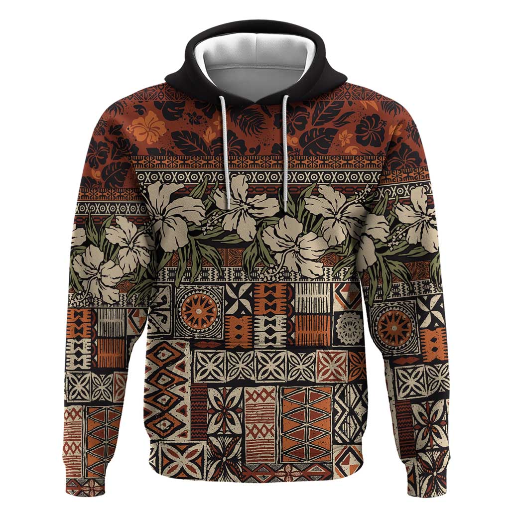 Pacific Hibiscus Tapa Tribal Vintage Zip Hoodie Brown Motif