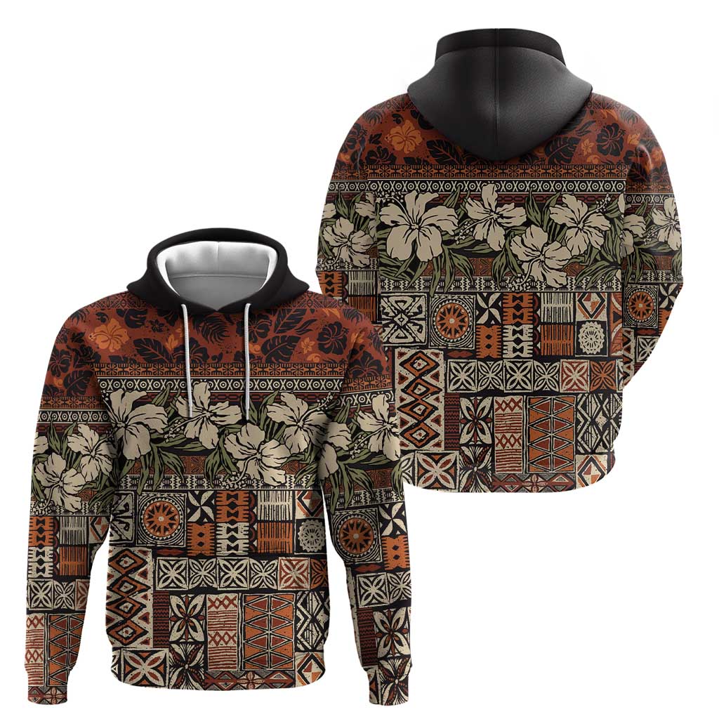 Pacific Hibiscus Tapa Tribal Vintage Zip Hoodie Brown Motif