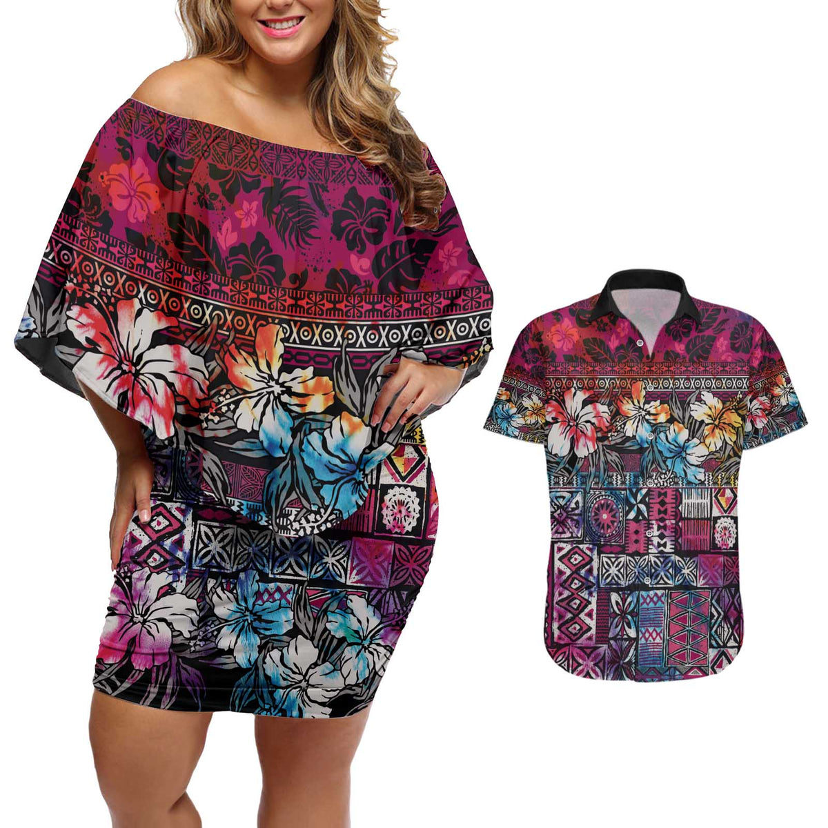 Pacific Hibiscus Tapa Tribal Vintage Couples Matching Off Shoulder Short Dress and Hawaiian Shirt Pink Motif