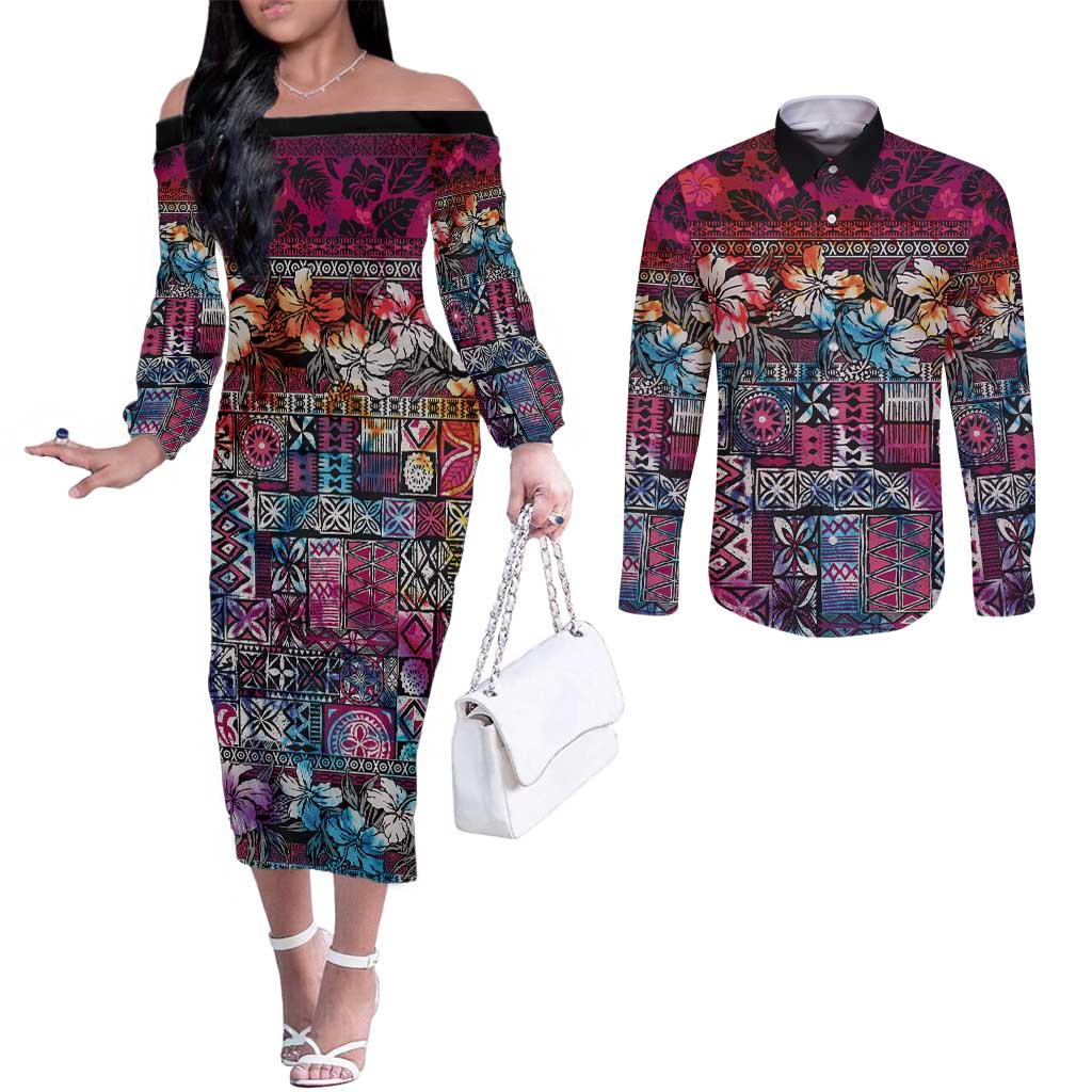 Pacific Hibiscus Tapa Tribal Vintage Couples Matching Off The Shoulder Long Sleeve Dress and Long Sleeve Button Shirt Pink Motif