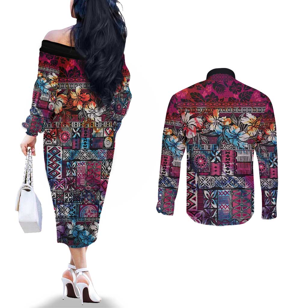 Pacific Hibiscus Tapa Tribal Vintage Couples Matching Off The Shoulder Long Sleeve Dress and Long Sleeve Button Shirt Pink Motif