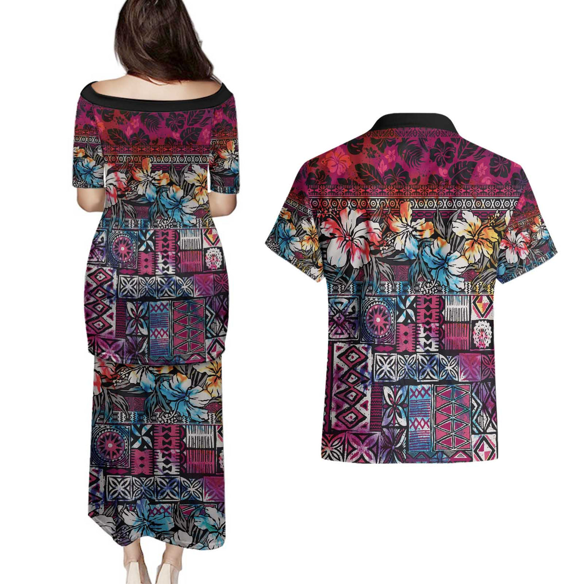 Pacific Hibiscus Tapa Tribal Vintage Couples Matching Puletasi and Hawaiian Shirt Pink Motif