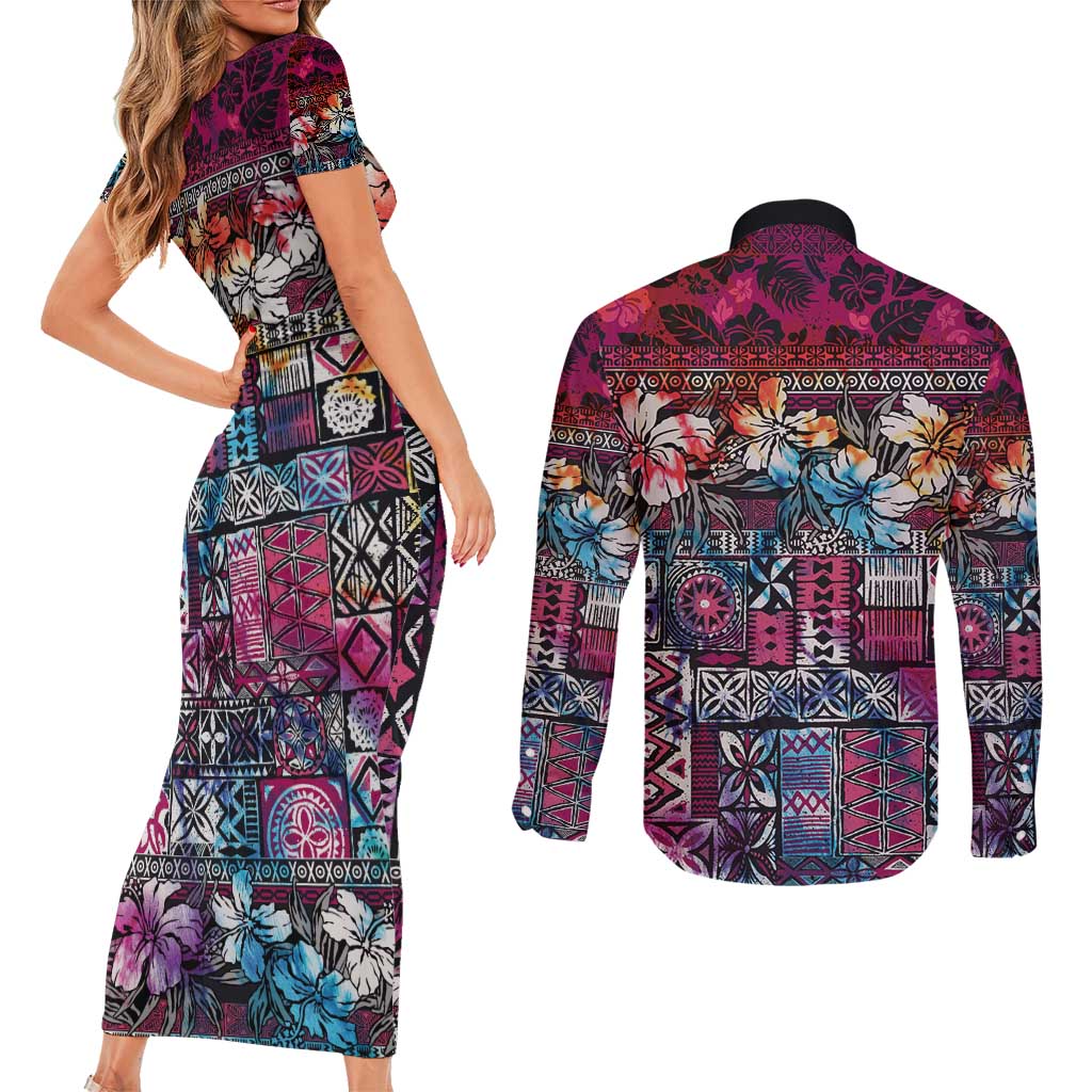 Pacific Hibiscus Tapa Tribal Vintage Couples Matching Short Sleeve Bodycon Dress and Long Sleeve Button Shirt Pink Motif