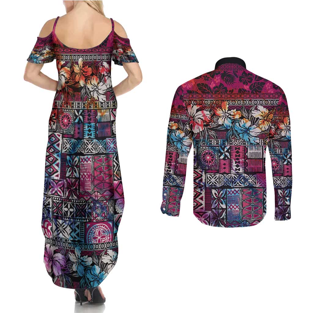 Pacific Hibiscus Tapa Tribal Vintage Couples Matching Summer Maxi Dress and Long Sleeve Button Shirt Pink Motif
