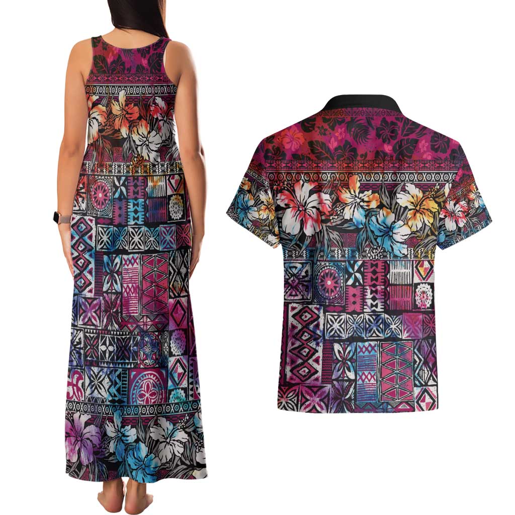 Pacific Hibiscus Tapa Tribal Vintage Couples Matching Tank Maxi Dress and Hawaiian Shirt Pink Motif