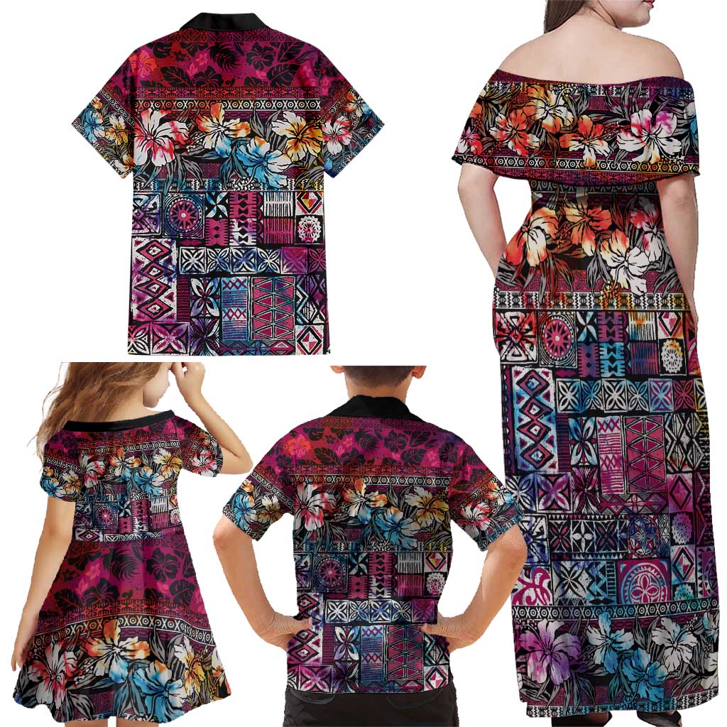 Pacific Hibiscus Tapa Tribal Vintage Family Matching Off Shoulder Maxi Dress and Hawaiian Shirt Pink Motif