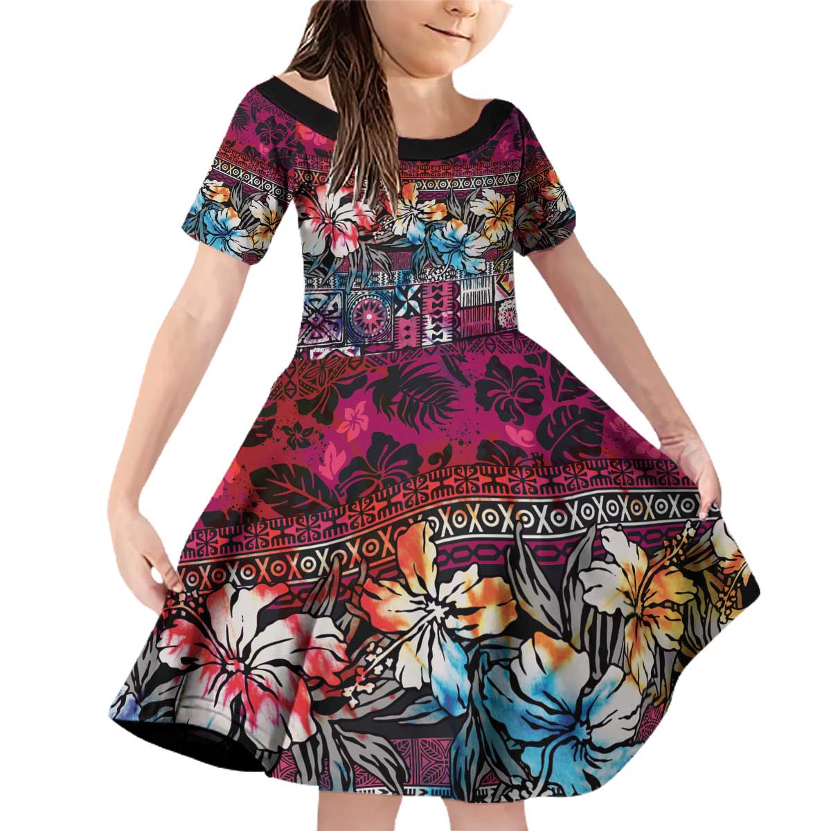 Pacific Hibiscus Tapa Tribal Vintage Family Matching Off Shoulder Short Dress and Hawaiian Shirt Pink Motif