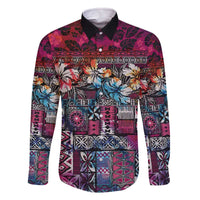 Pacific Hibiscus Tapa Tribal Vintage Family Matching Off Shoulder Short Dress and Hawaiian Shirt Pink Motif