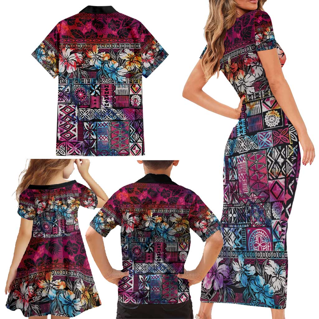 Pacific Hibiscus Tapa Tribal Vintage Family Matching Short Sleeve Bodycon Dress and Hawaiian Shirt Pink Motif