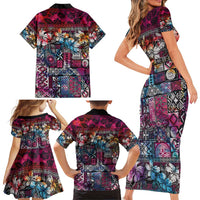 Pacific Hibiscus Tapa Tribal Vintage Family Matching Short Sleeve Bodycon Dress and Hawaiian Shirt Pink Motif