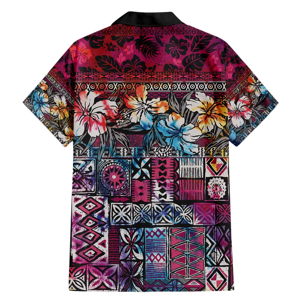 Pacific Hibiscus Tapa Tribal Vintage Family Matching Short Sleeve Bodycon Dress and Hawaiian Shirt Pink Motif