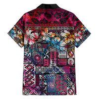 Pacific Hibiscus Tapa Tribal Vintage Family Matching Short Sleeve Bodycon Dress and Hawaiian Shirt Pink Motif