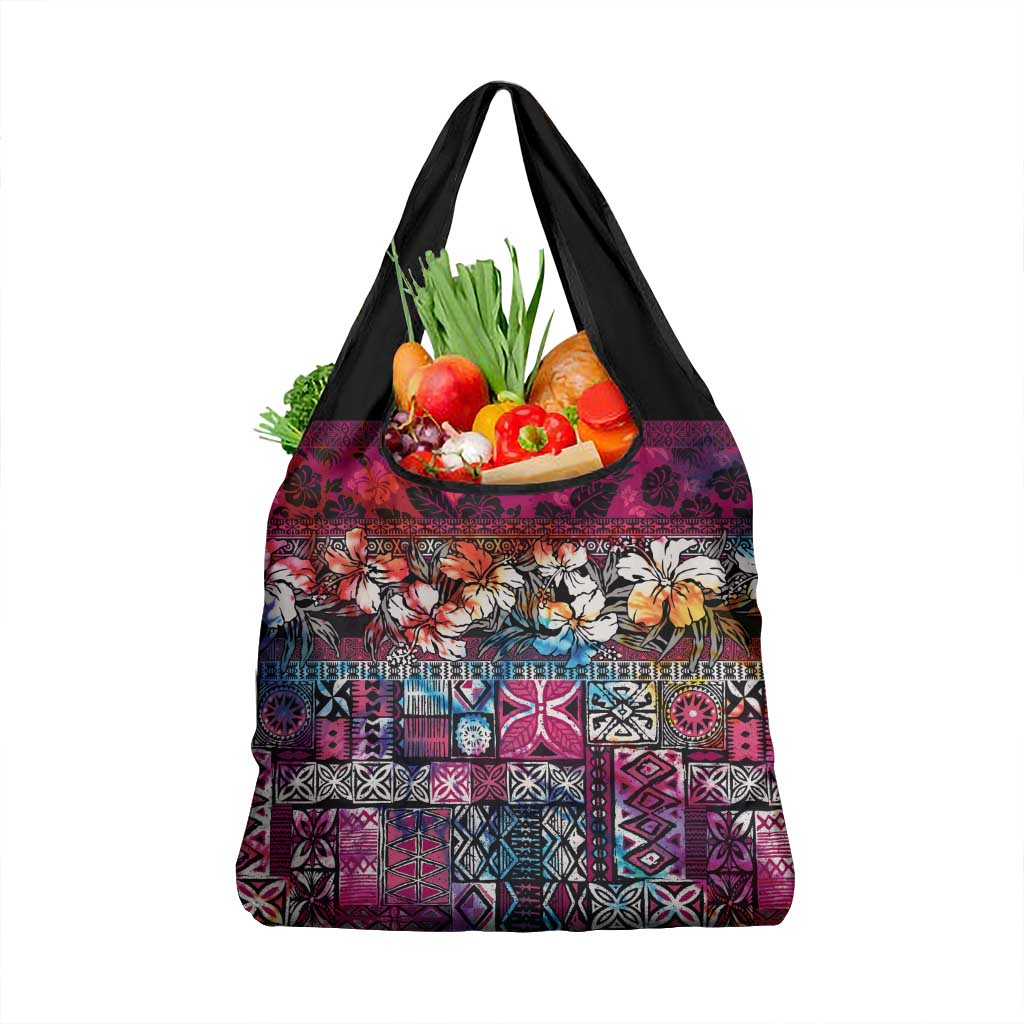 Pacific Hibiscus Tapa Tribal Vintage Grocery Bag Pink Motif